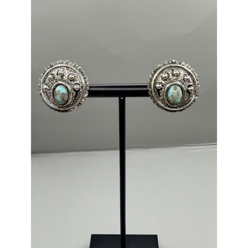 VTG Sarah Coventry Western Silver Tone Circular Clip On Earrings Faux Turquoise